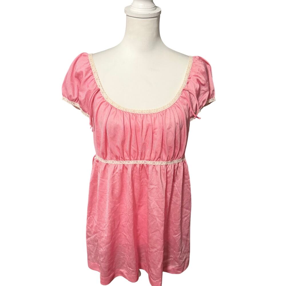 Vintage 70s Pink Nylon Antron III Coquette Lace Sleepwear Babydoll size medium